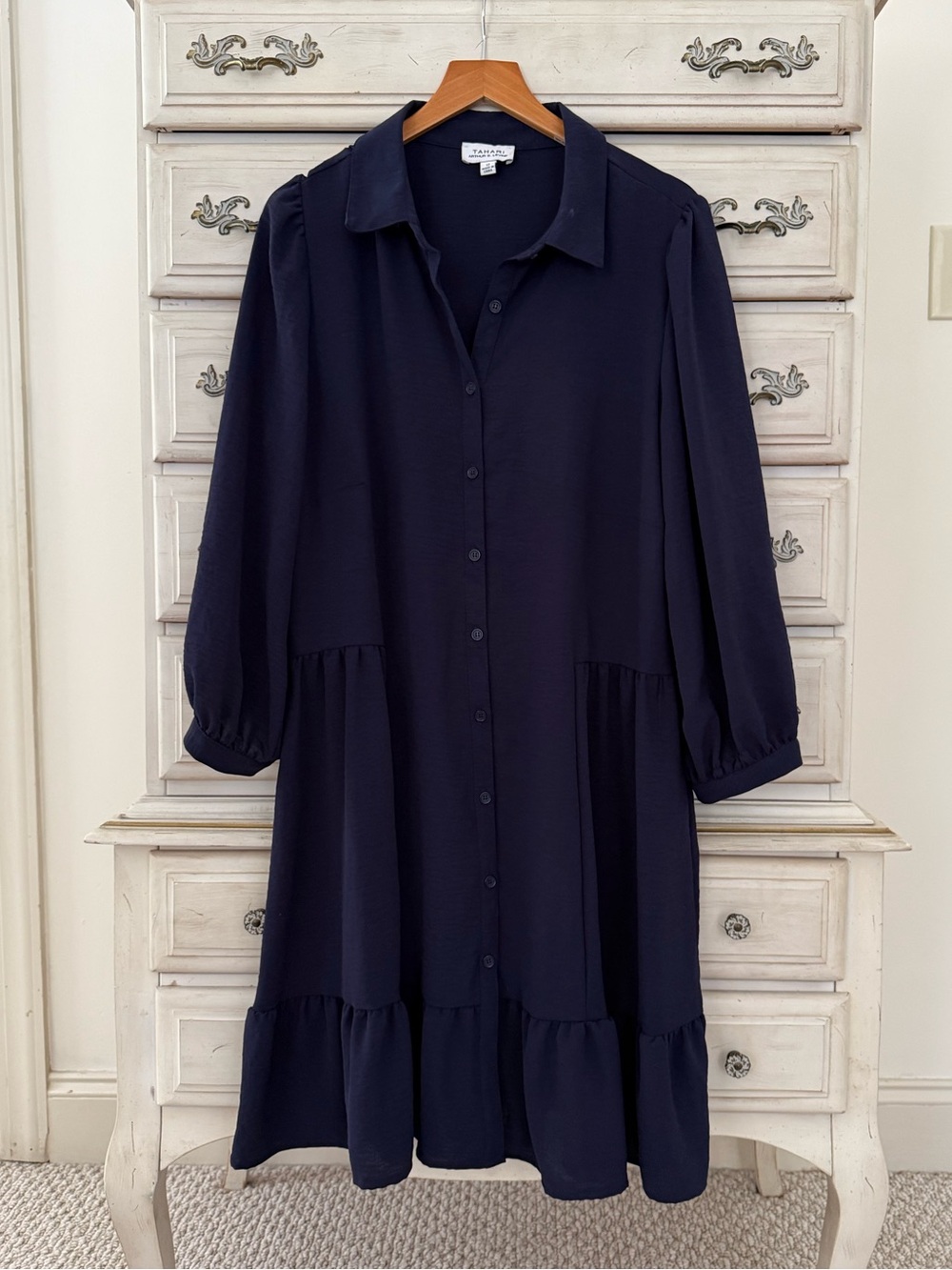 Tahari Arthur S. Levine Navy Tiered Button Shirt Dress
